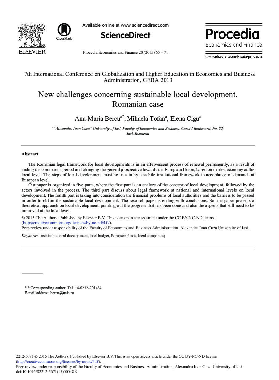 New Challenges Concerning Sustainable Local Development. Romanian Case 