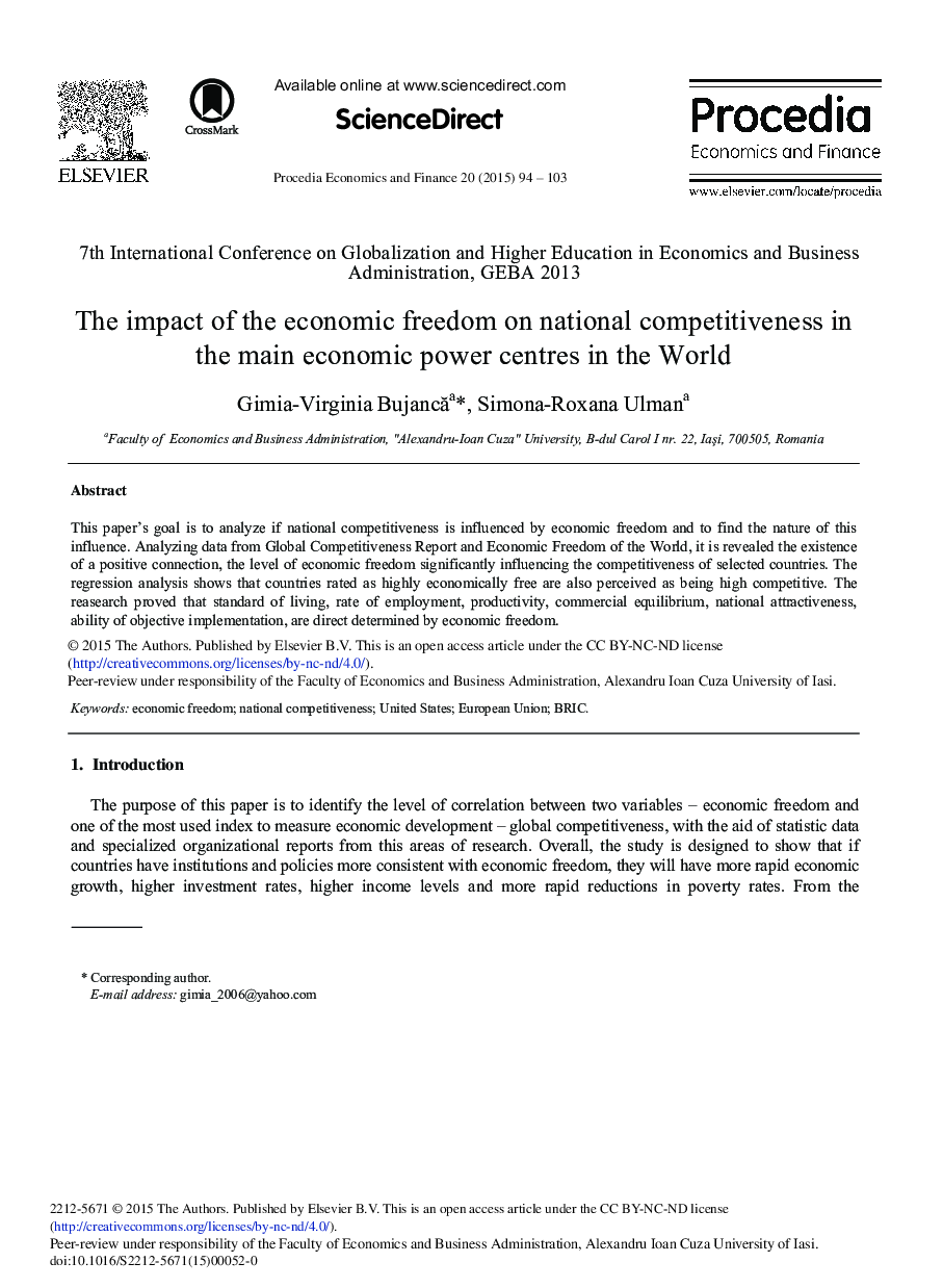 The Impact of the Economic Freedom on National Competitiveness in the Main Economic Power Centres in the World 