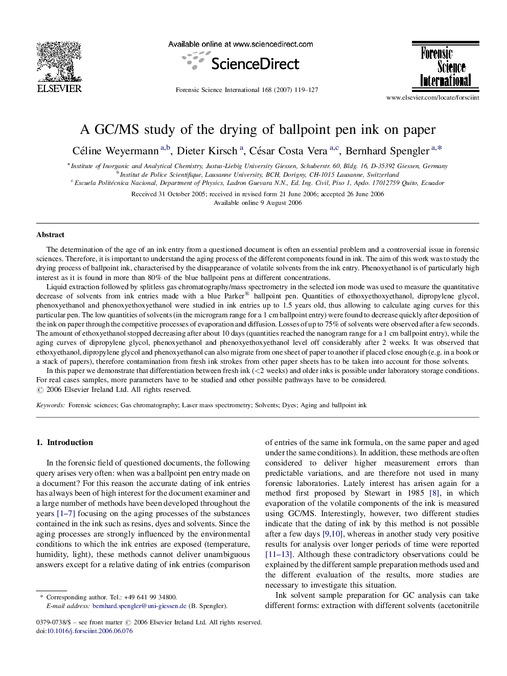 A GC/MS study of the drying of ballpoint pen ink on paper