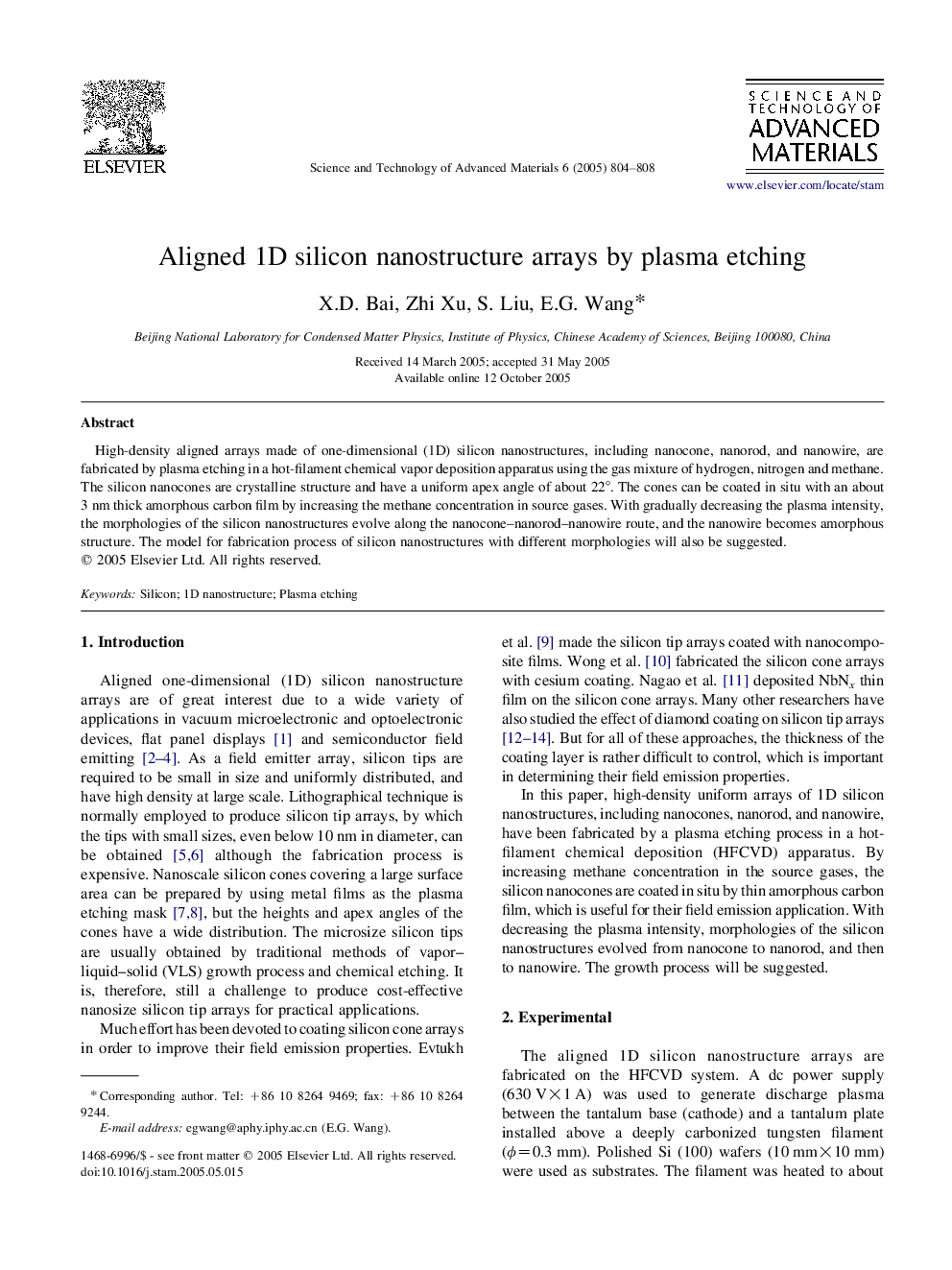 Aligned 1D silicon nanostructure arrays by plasma etching