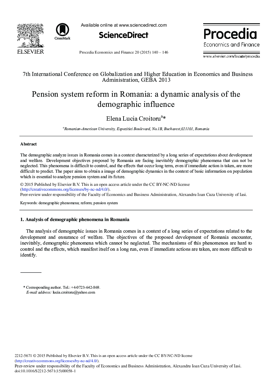 Pension System Reform in Romania: A Dynamic Analysis of the Demographic Influence 