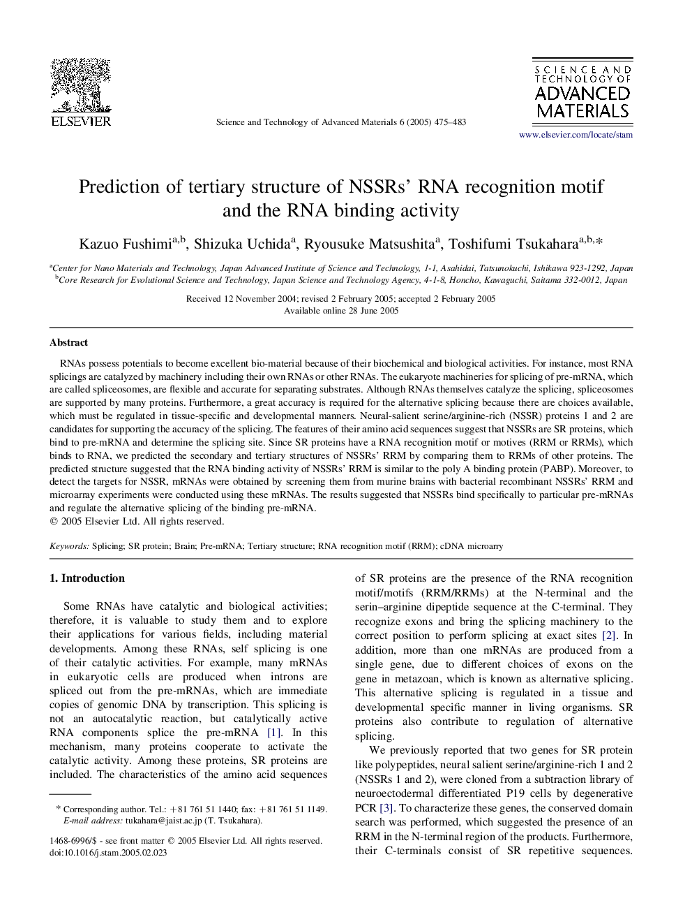 Prediction of tertiary structure of NSSRs' RNA recognition motif and the RNA binding activity