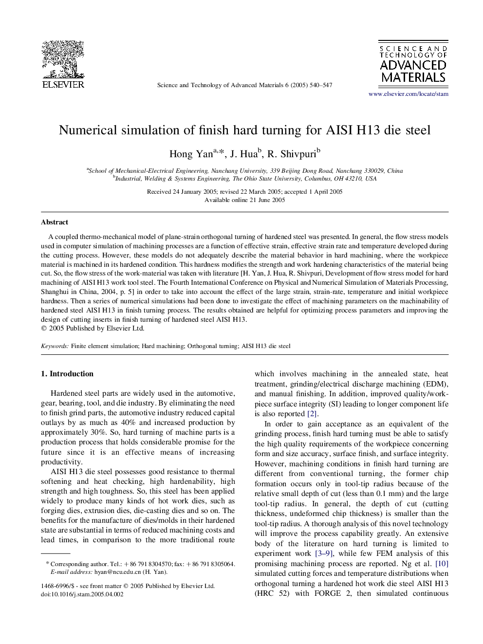 Numerical simulation of finish hard turning for AISI H13 die steel