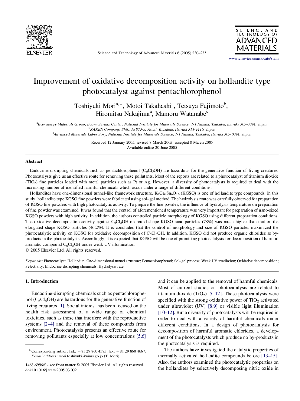 Improvement of oxidative decomposition activity on hollandite type photocatalyst against pentachlorophenol