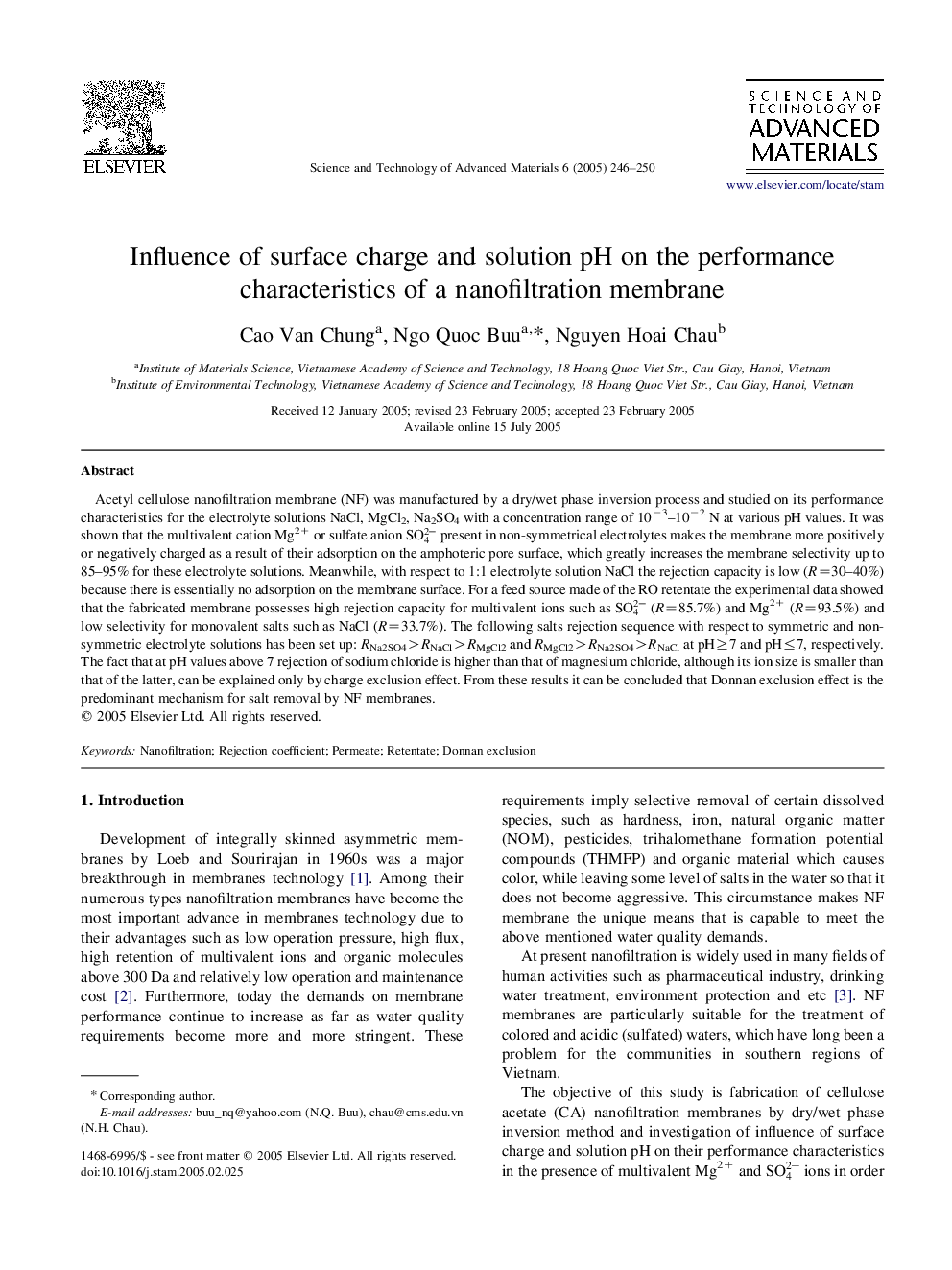 Influence of surface charge and solution pH on the performance characteristics of a nanofiltration membrane