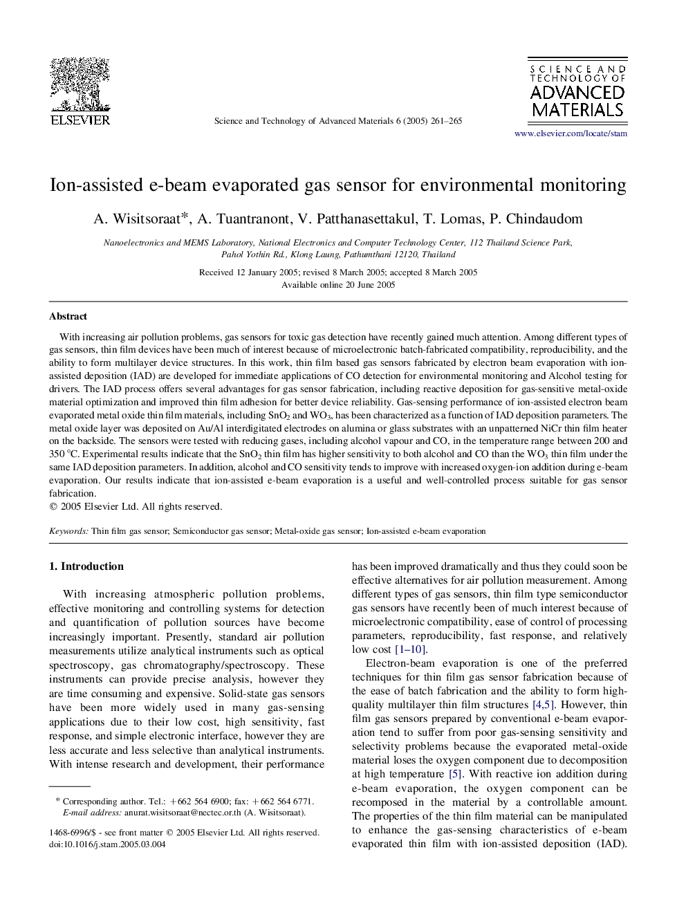 Ion-assisted e-beam evaporated gas sensor for environmental monitoring