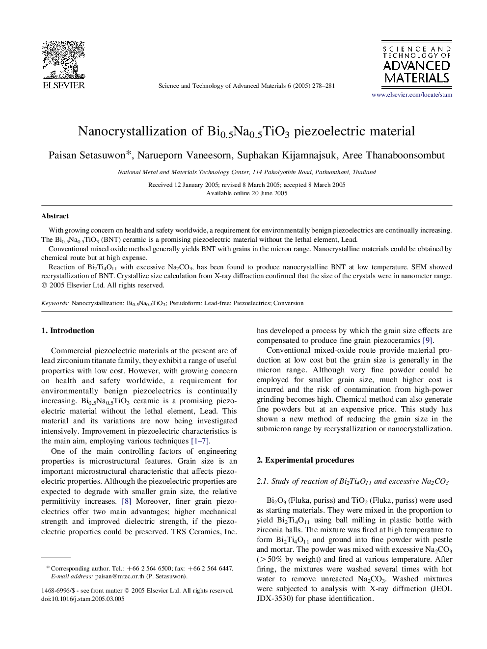 Nanocrystallization of Bi0.5Na0.5TiO3 piezoelectric material