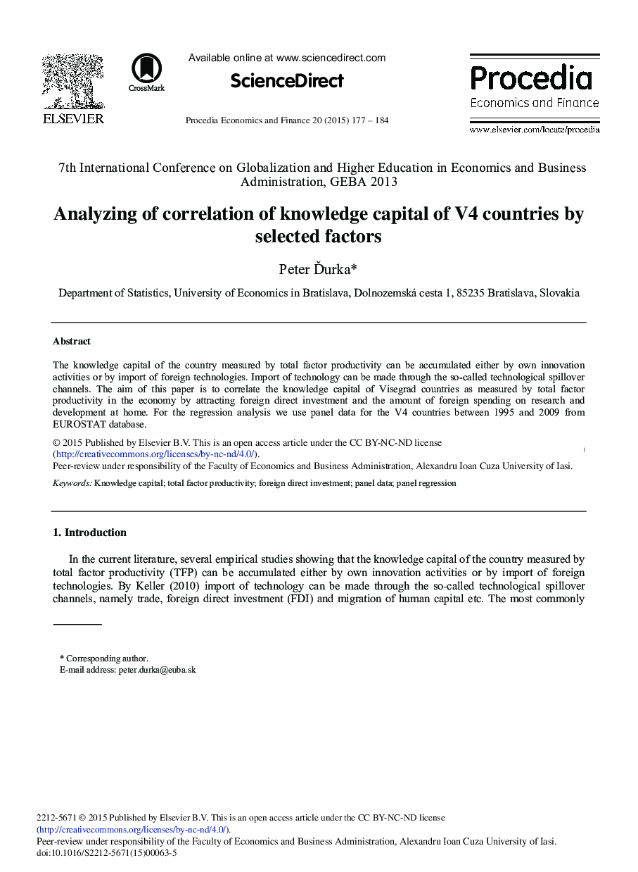 Analyzing of Correlation of Knowledge Capital of V4 Countries by Selected Factors 