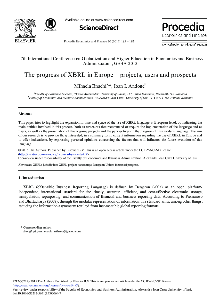 The Progress of XBRL in Europe – Projects, Users and Prospects 
