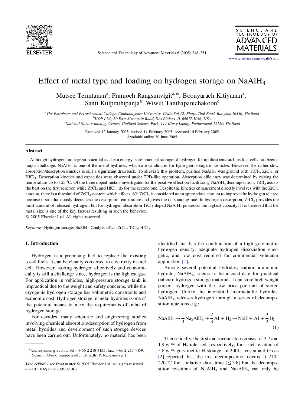 Effect of metal type and loading on hydrogen storage on NaAlH4