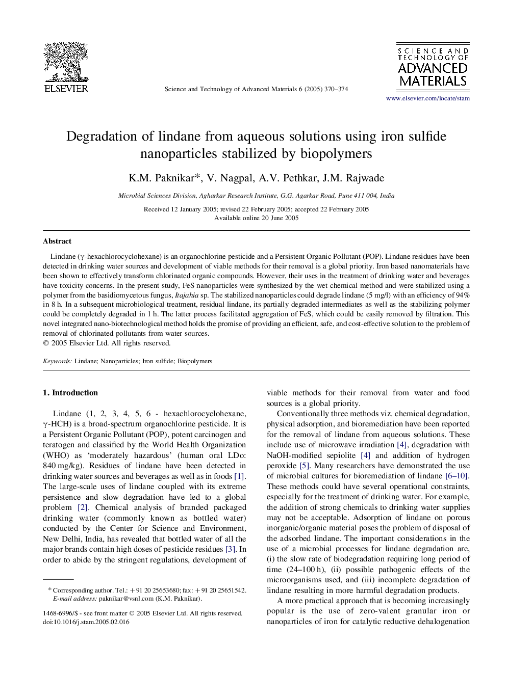 Degradation of lindane from aqueous solutions using iron sulfide nanoparticles stabilized by biopolymers