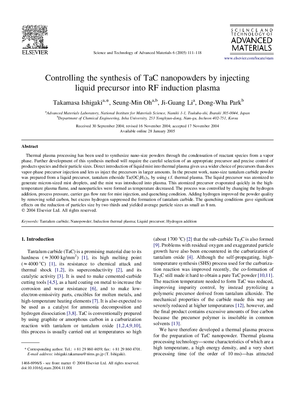 Controlling the synthesis of TaC nanopowders by injecting liquid precursor into RF induction plasma