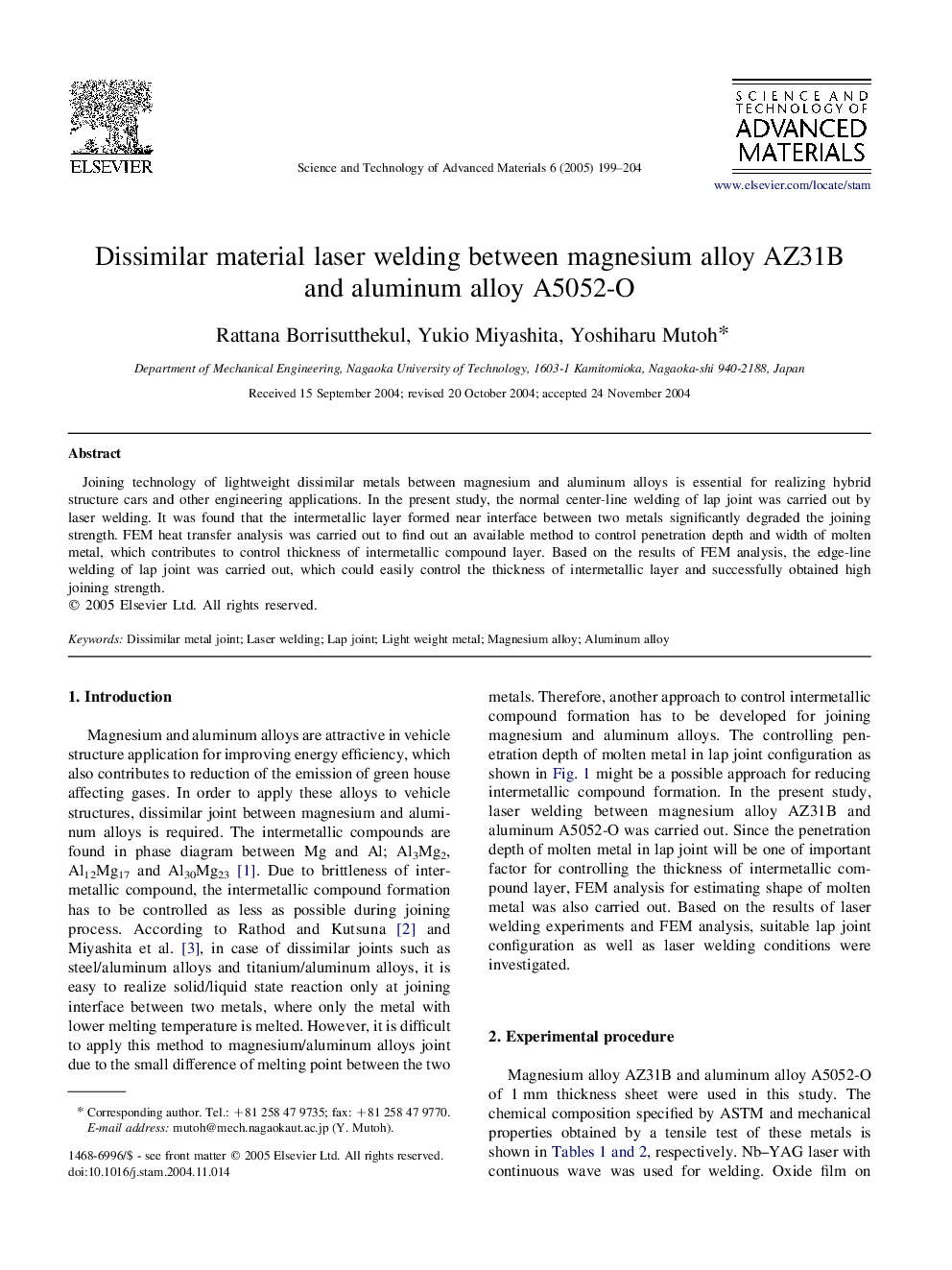 Dissimilar material laser welding between magnesium alloy AZ31B and aluminum alloy A5052-O