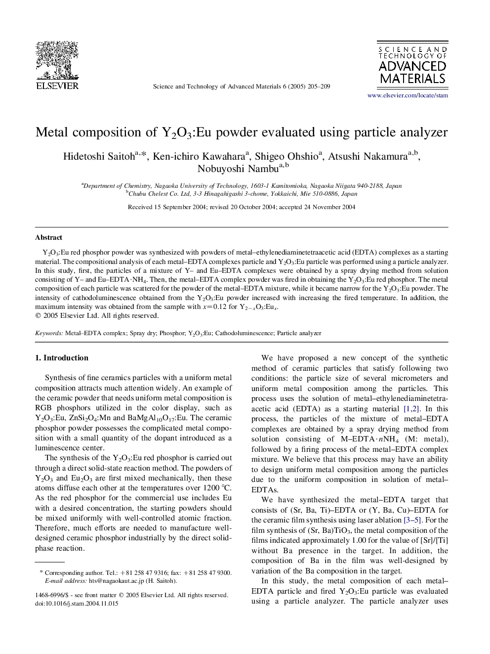 Metal composition of Y2O3:Eu powder evaluated using particle analyzer