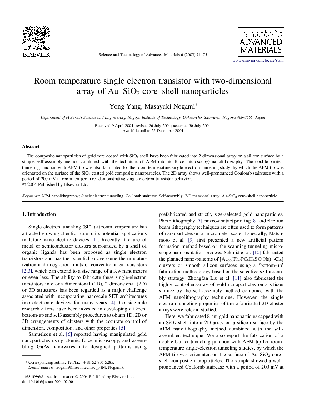 Room temperature single electron transistor with two-dimensional array of Au-SiO2 core-shell nanoparticles