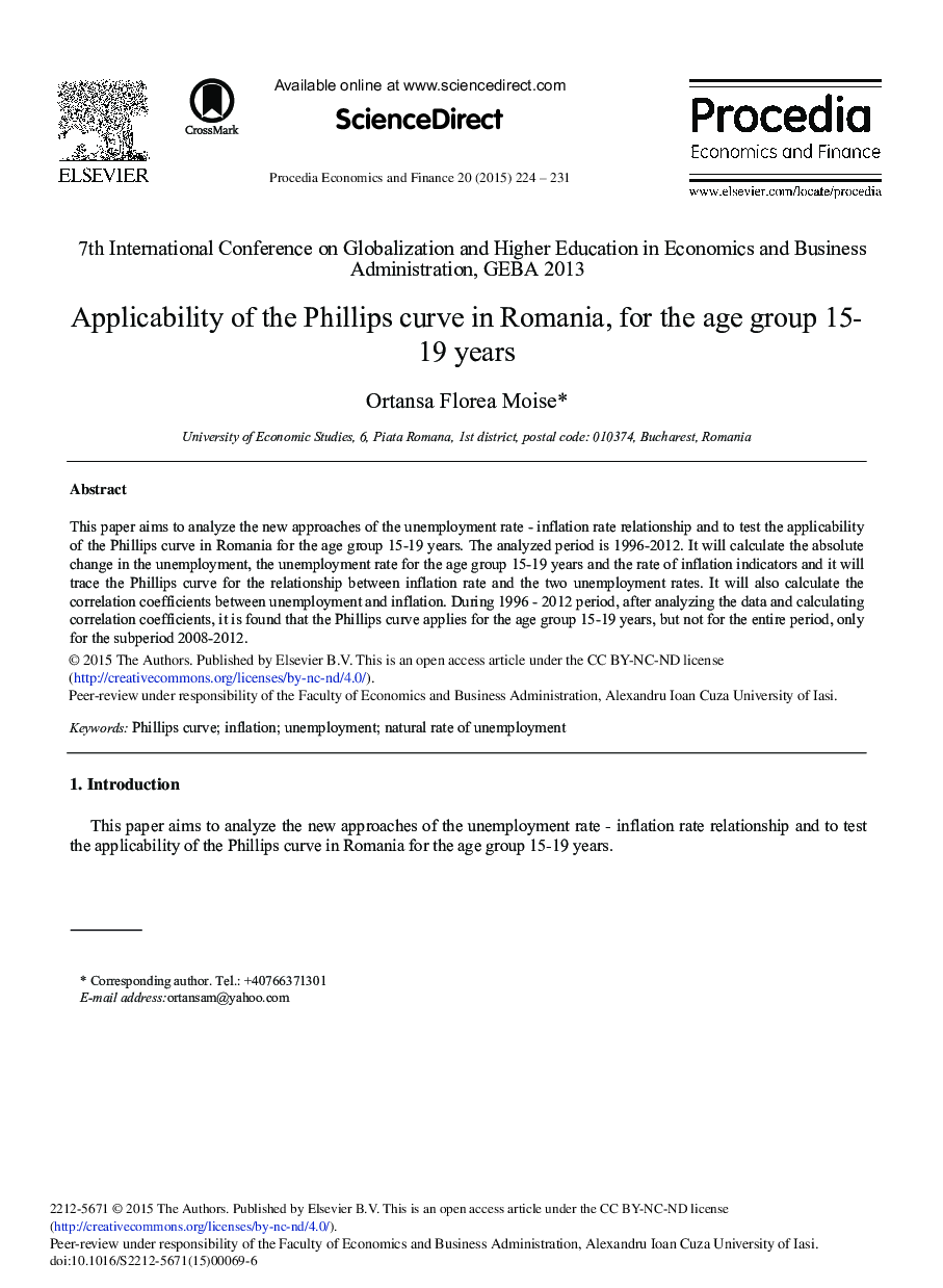 Applicability of the Phillips Curve in Romania, for the Age Group 15-19 Years 