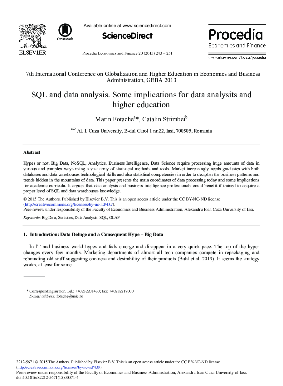 SQL and Data Analysis. Some Implications for Data Analysits and Higher Education 