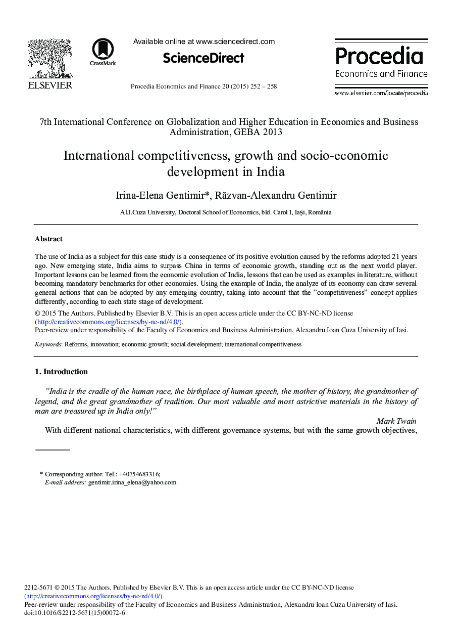 International Competitiveness, Growth and Socio-economic Development in India 