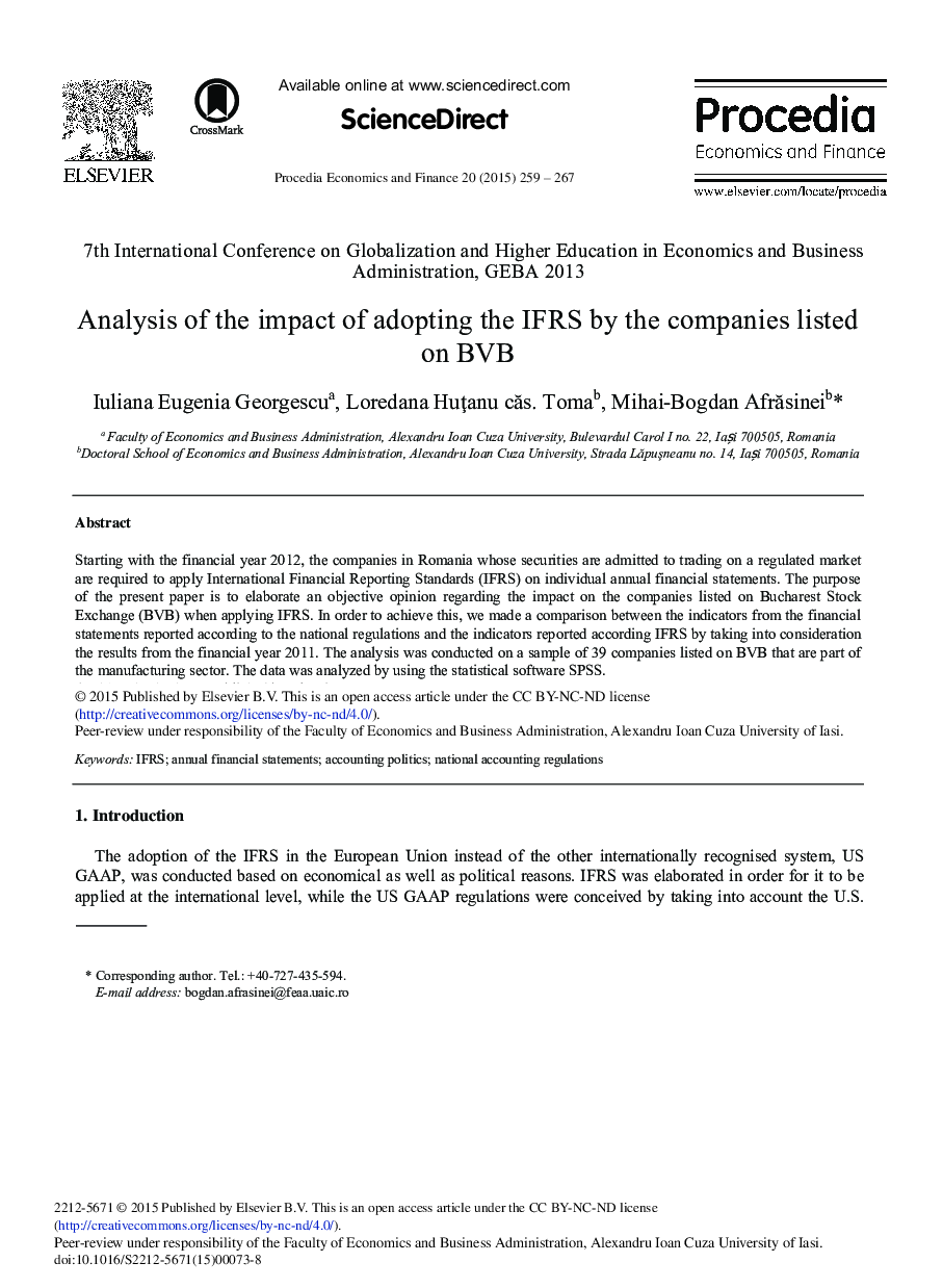 Analysis of the Impact of Adopting the IFRS by the Companies Listed on BVB 
