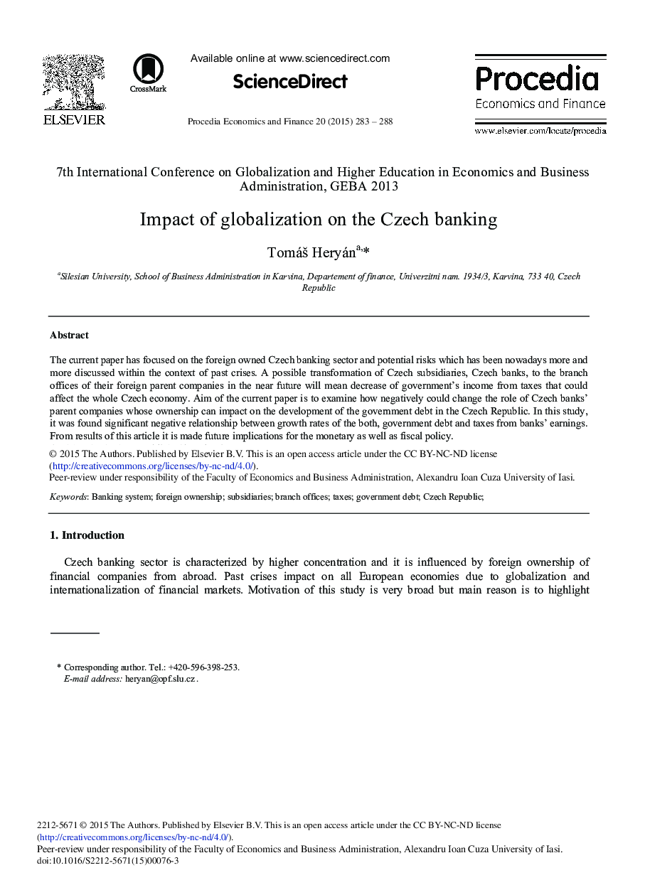 Impact of Globalization on the Czech Banking 