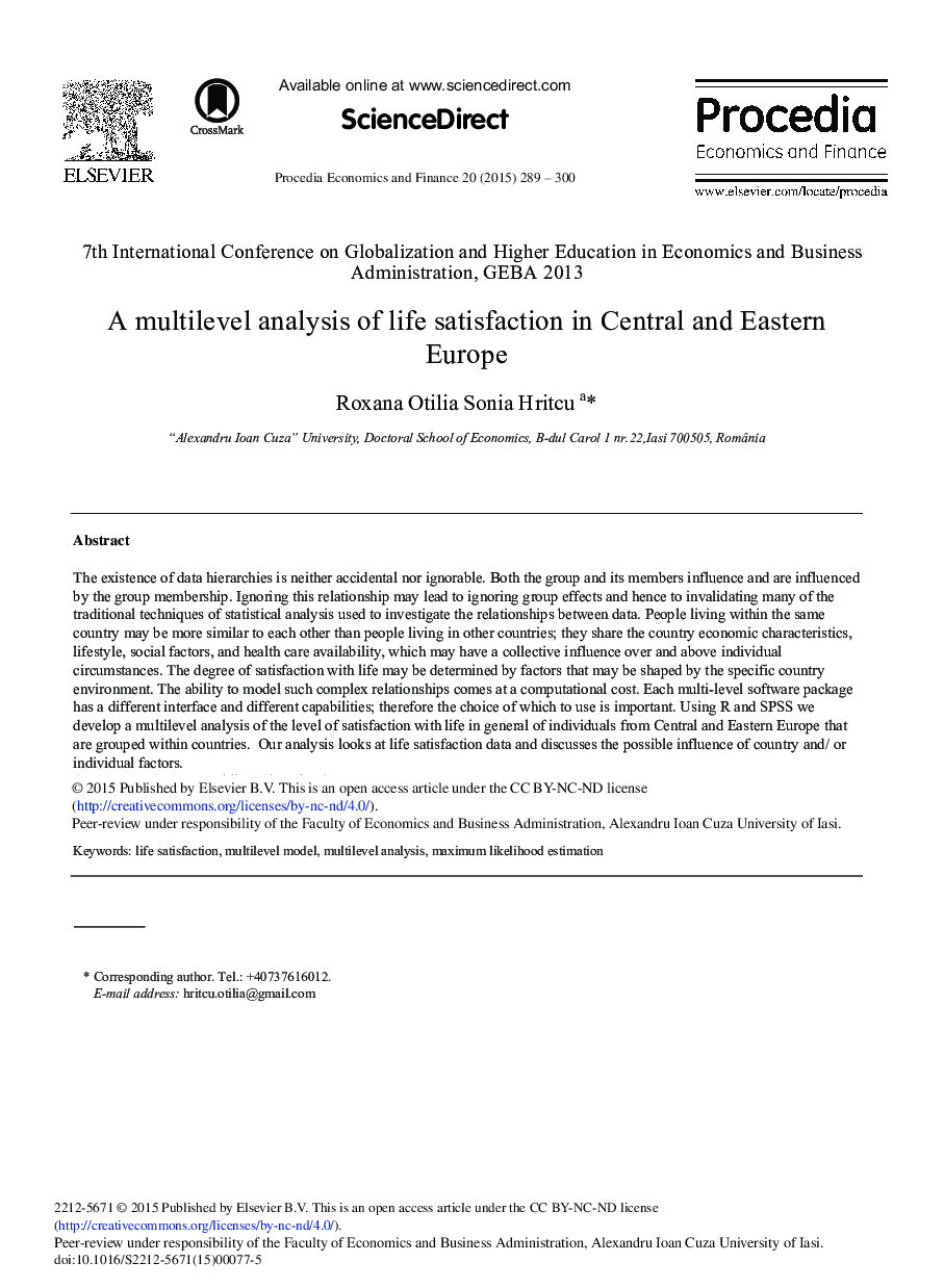 A Multilevel Analysis of Life Satisfaction in Central and Eastern Europe 