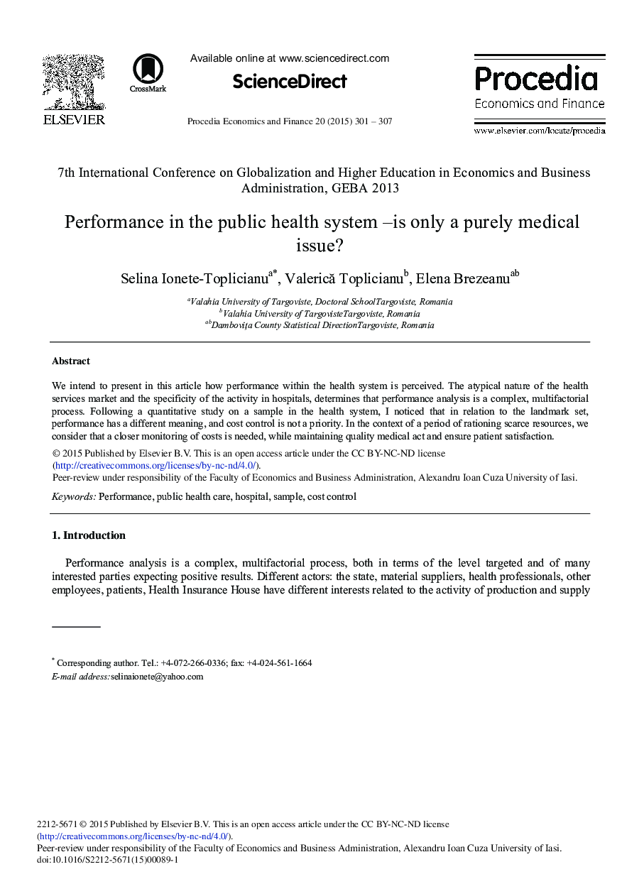 Performance in the Public Health System – Is Only a Purely Medical Issue? 