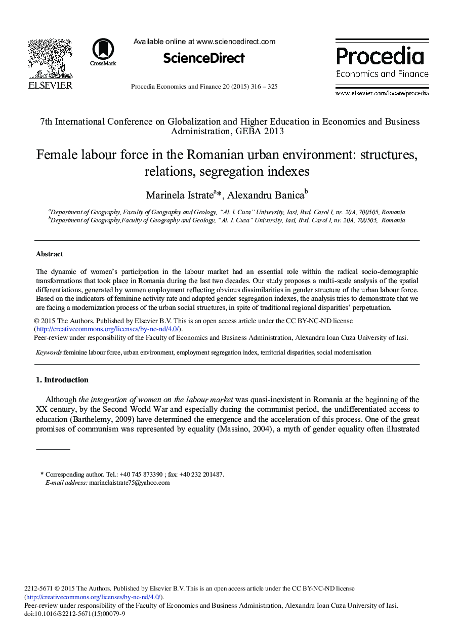 Female Labour Force in the Romanian Urban Environment: Structures, Relations, Segregation Indexes 