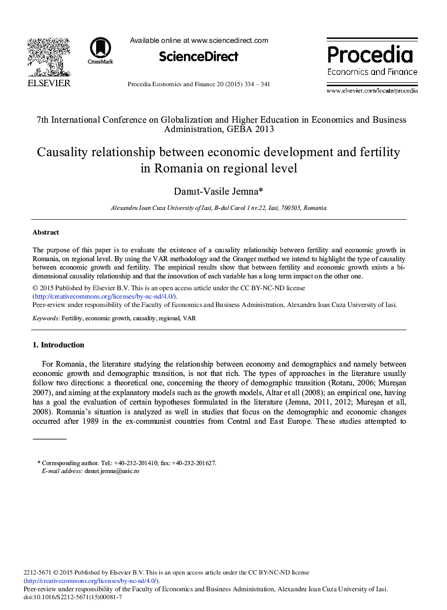 Causality Relationship between Economic Development and Fertility in Romania on Regional Level 