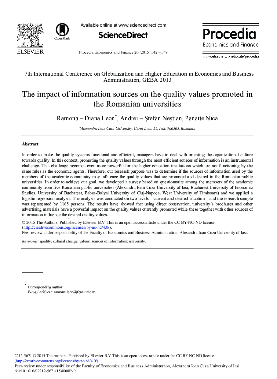 The Impact of Information Sources on the Quality Values Promoted in the Romanian Universities 