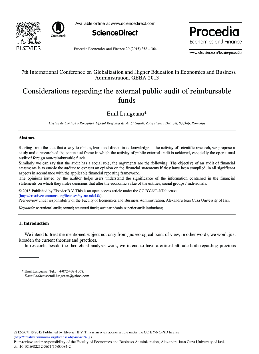 Considerations Regarding the External Public Audit of Reimbursable Funds 