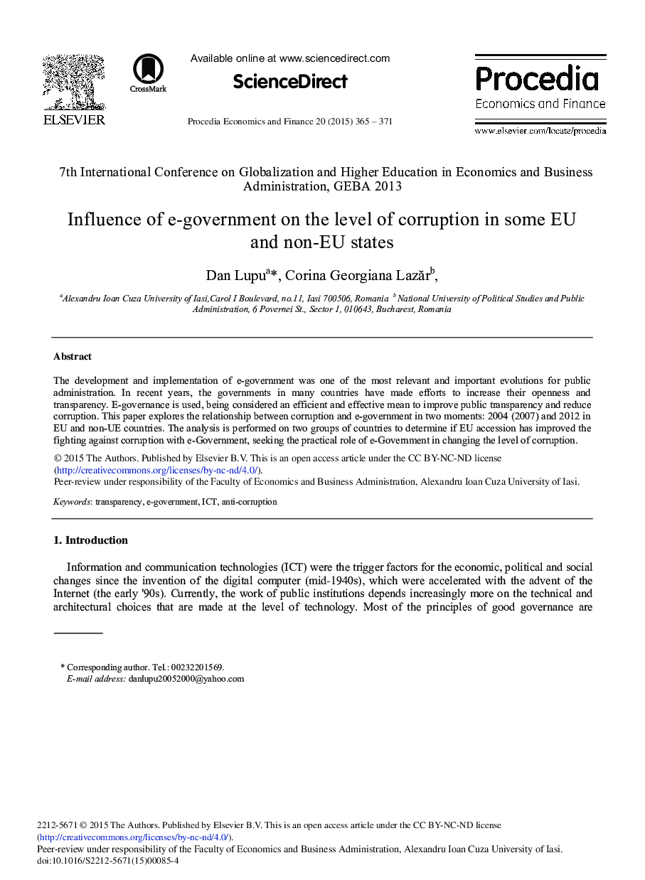 Influence of e-government on the Level of Corruption in some EU and Non-EU States 