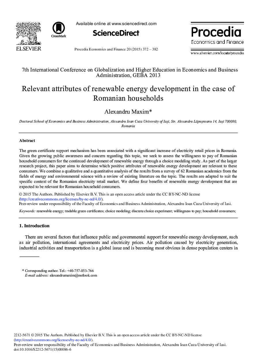 Relevant Attributes of Renewable Energy Development in the Case of Romanian Households 