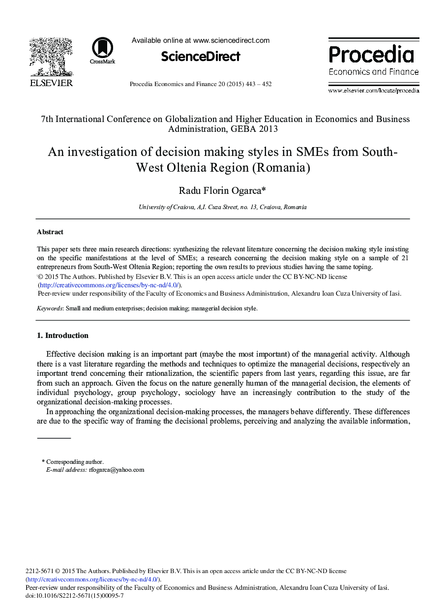 An Investigation of Decision Making Styles in SMEs from South-West Oltenia Region (Romania) 