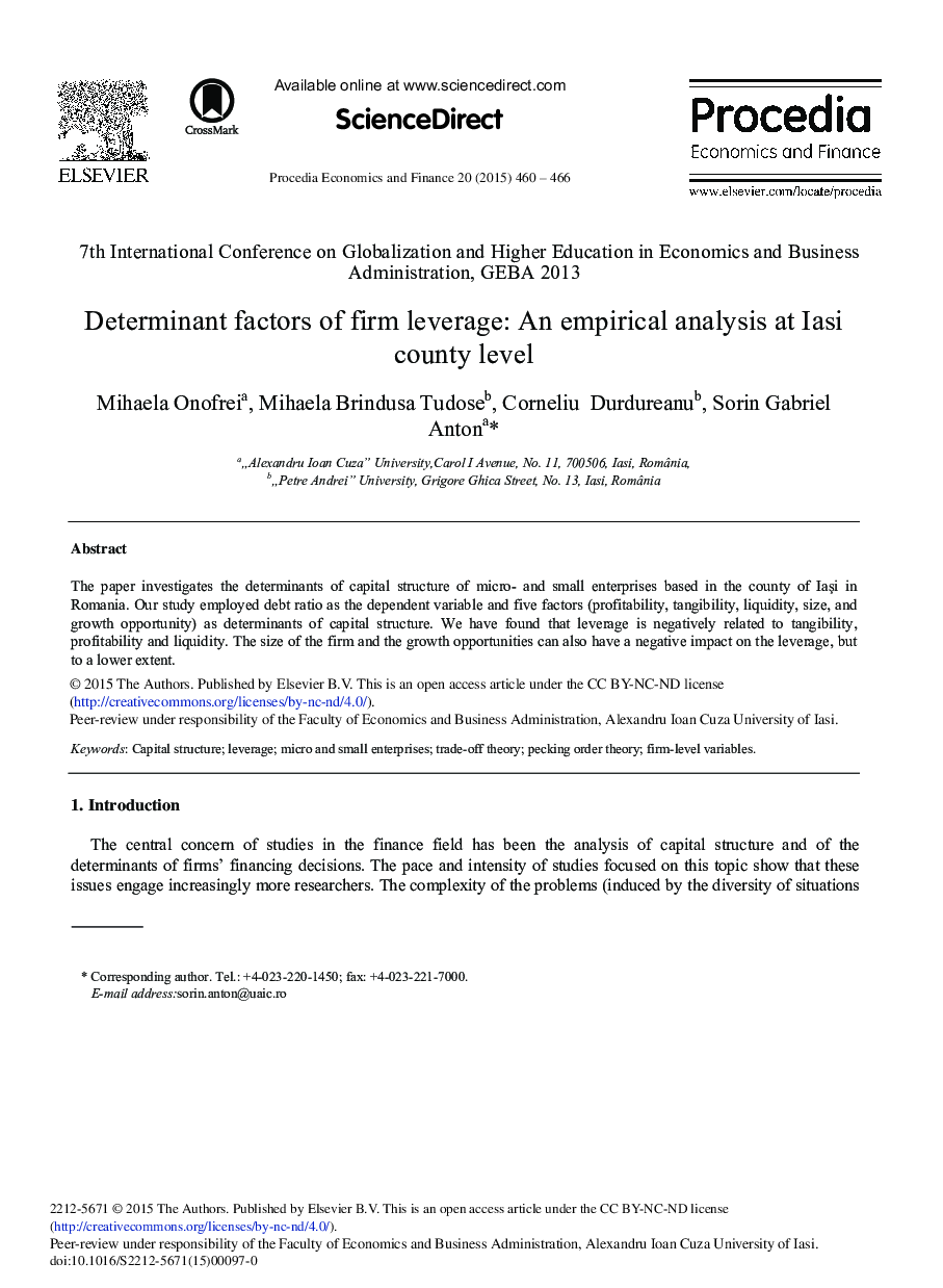 Determinant Factors of Firm Leverage: An Empirical Analysis at Iasi County Level 