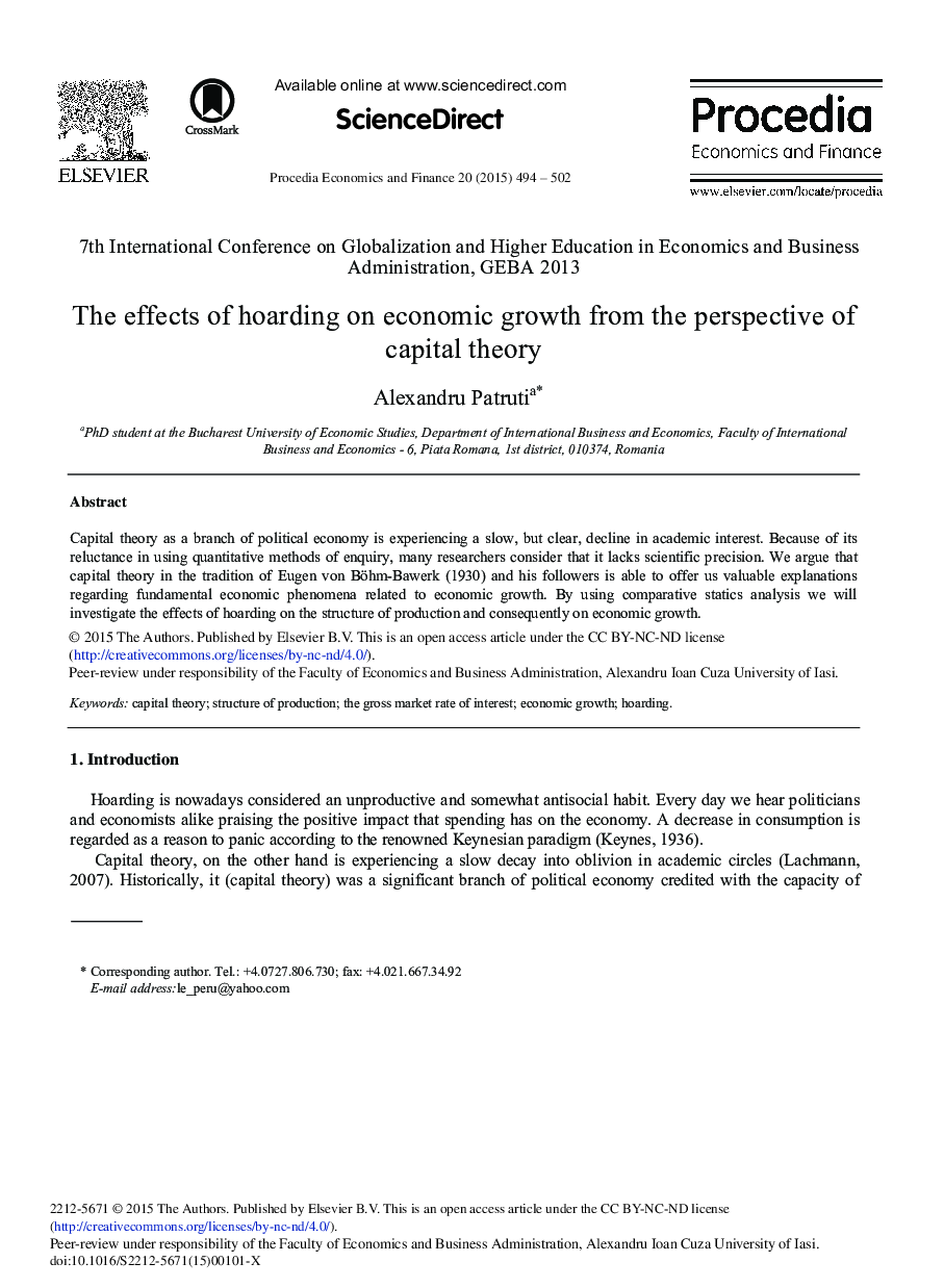 The Effects of Hoarding on Economic Growth from the Perspective of Capital Theory 