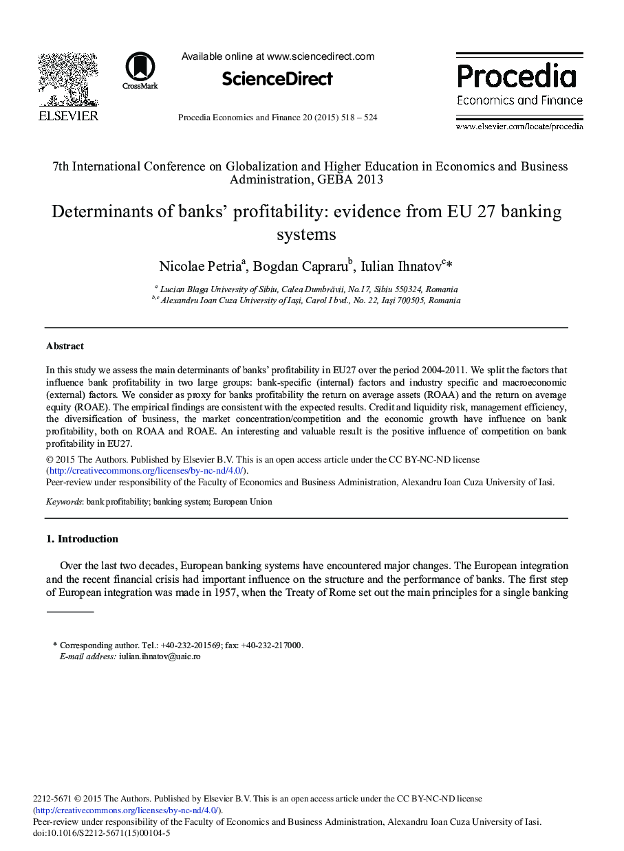 Determinants of Banks’ Profitability: Evidence from EU 27 Banking Systems 