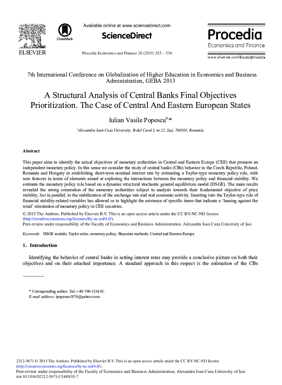 A Structural Analysis of Central Banks Final Objectives Prioritization. The Case of Central and Eastern European States 