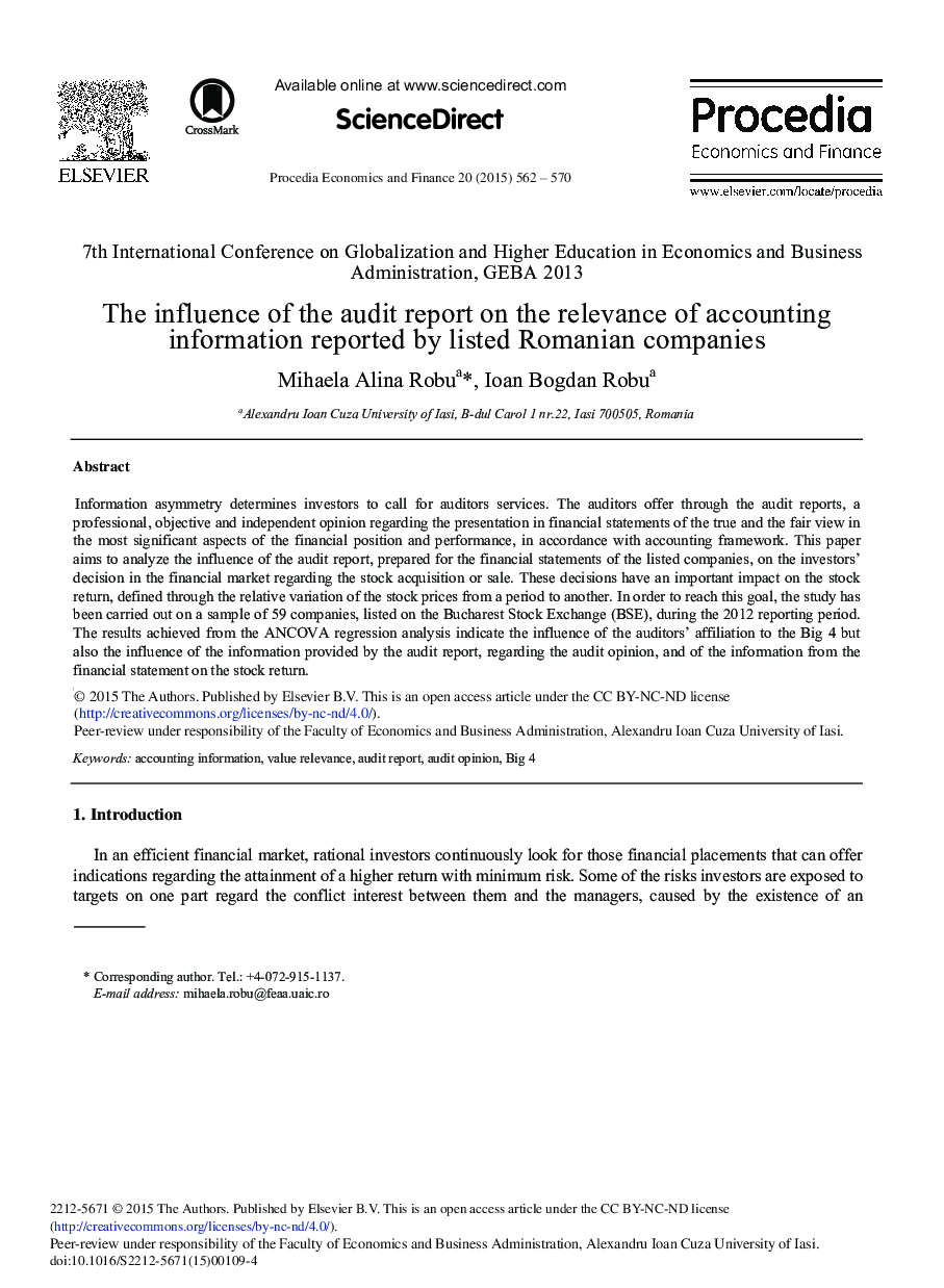 The Influence of the Audit Report on the Relevance of Accounting Information Reported by Listed Romanian Companies 