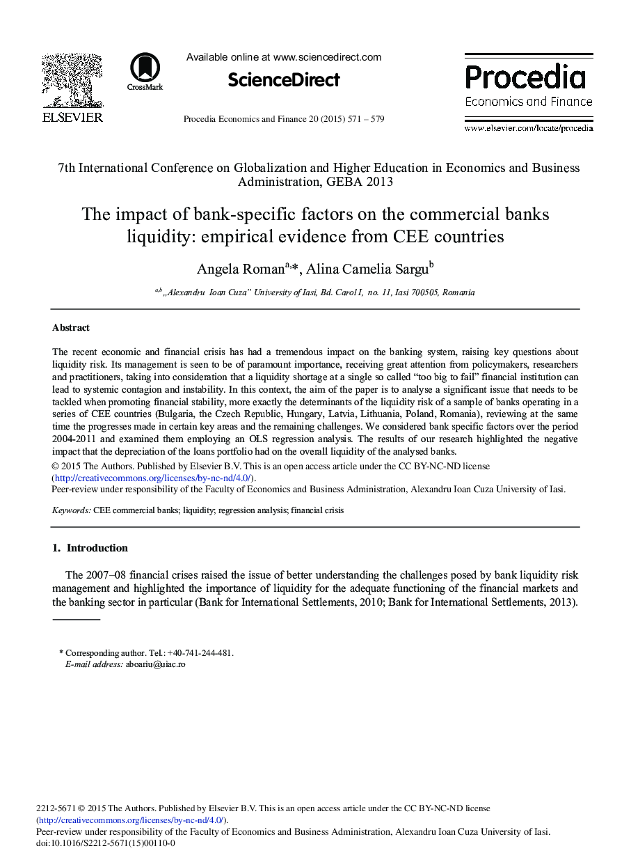 The Impact of Bank-specific Factors on the Commercial Banks Liquidity: Empirical Evidence from CEE Countries 
