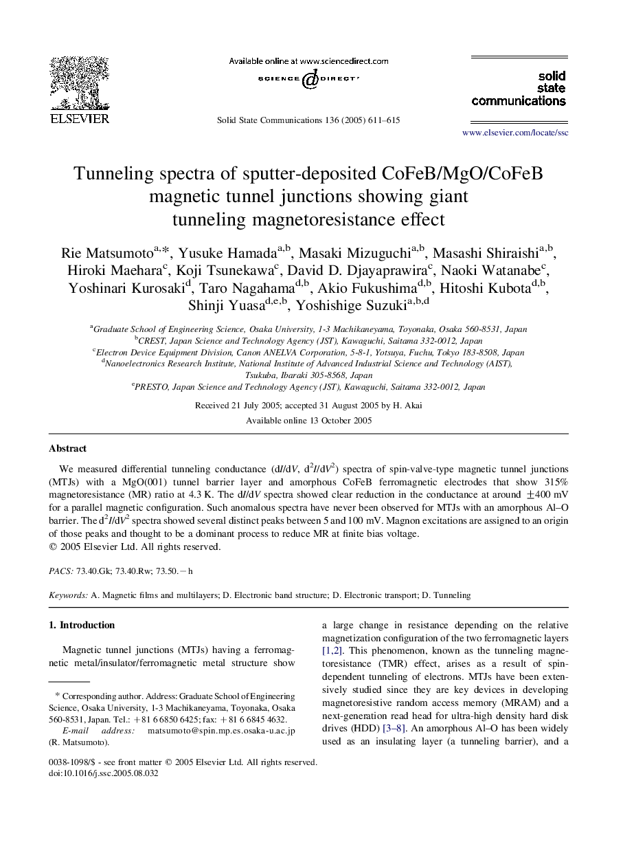 Tunneling spectra of sputter-deposited CoFeB/MgO/CoFeB magnetic tunnel junctions showing giant tunneling magnetoresistance effect