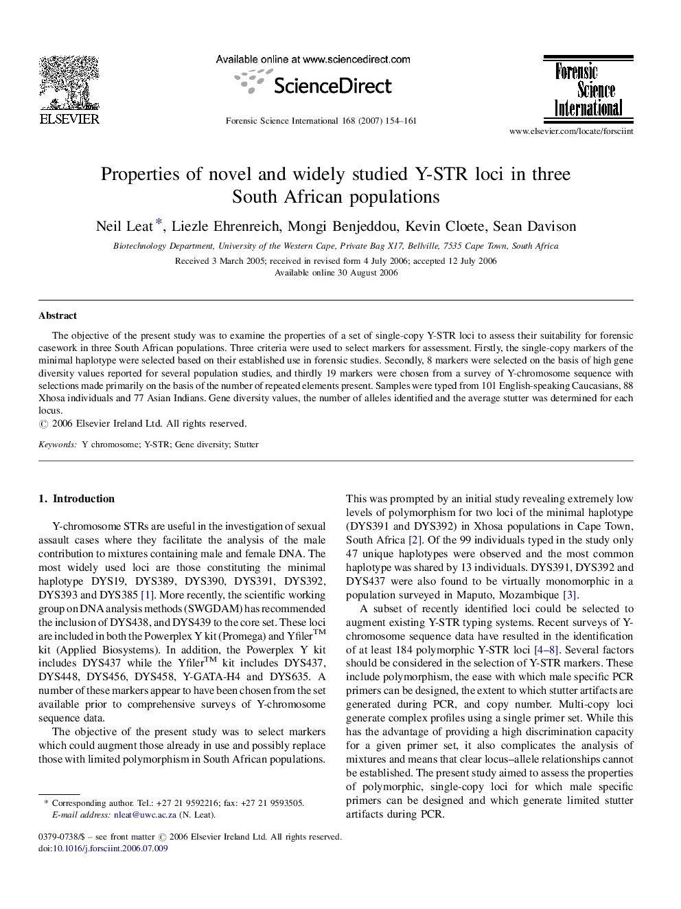 Properties of novel and widely studied Y-STR loci in three South African populations