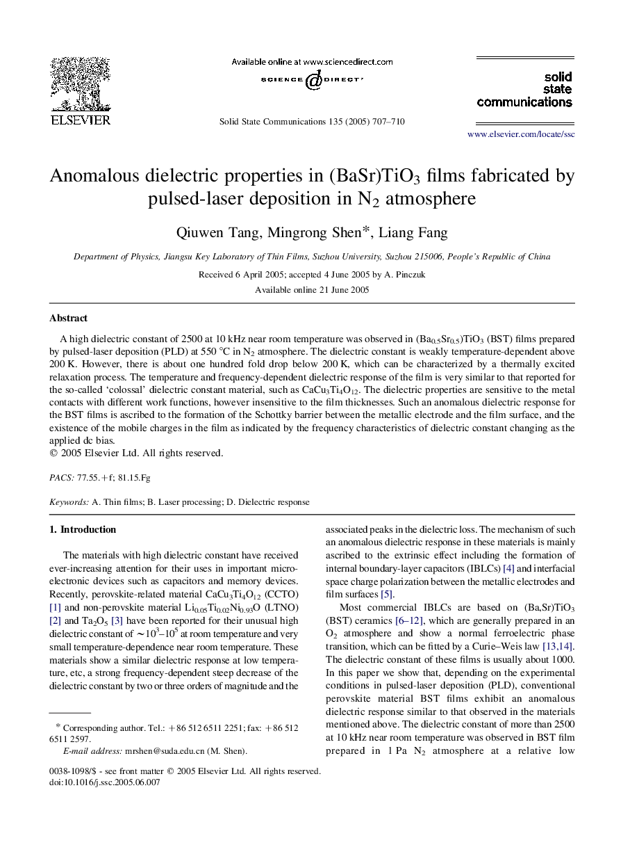 Anomalous dielectric properties in (BaSr)TiO3 films fabricated by pulsed-laser deposition in N2 atmosphere