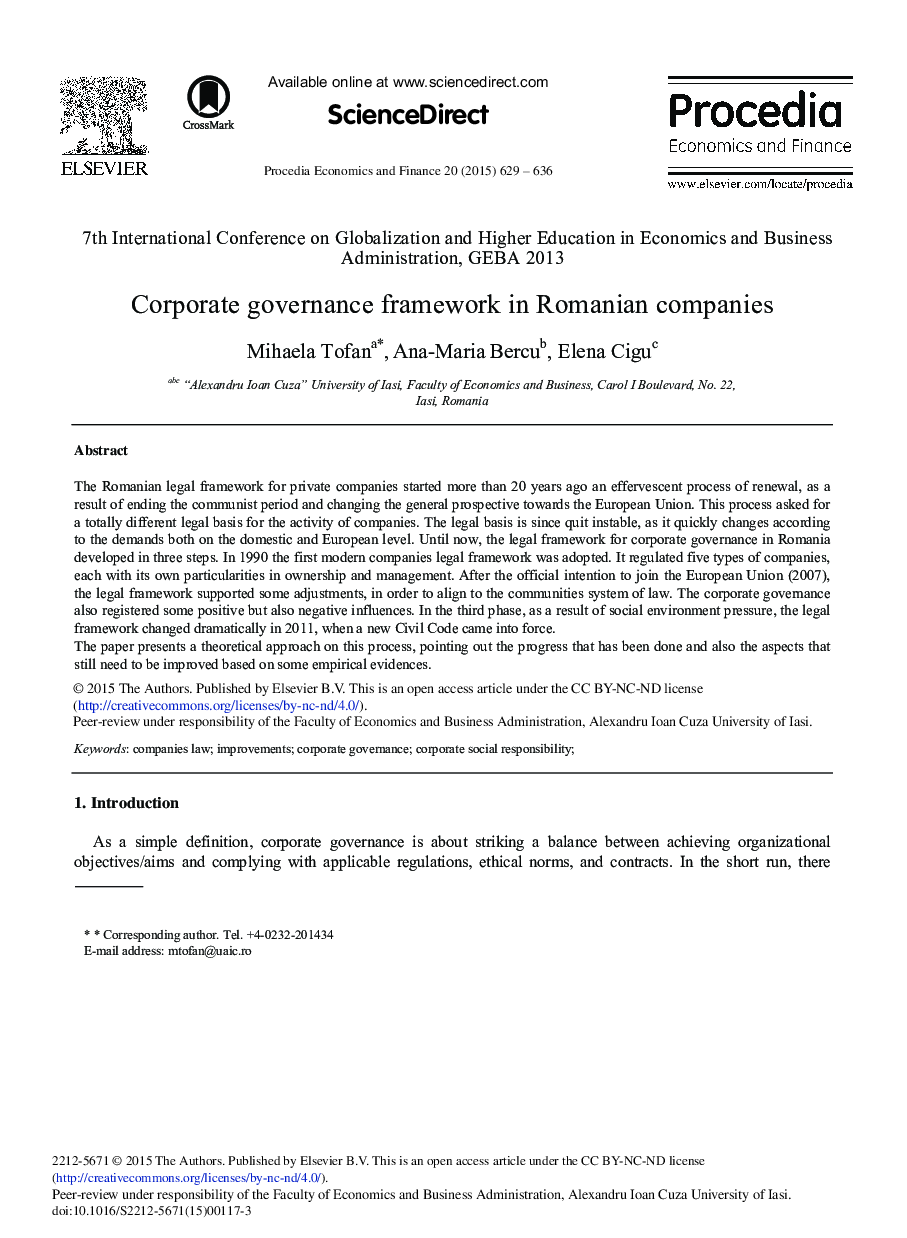 Corporate Governance Framework in Romanian Companies 