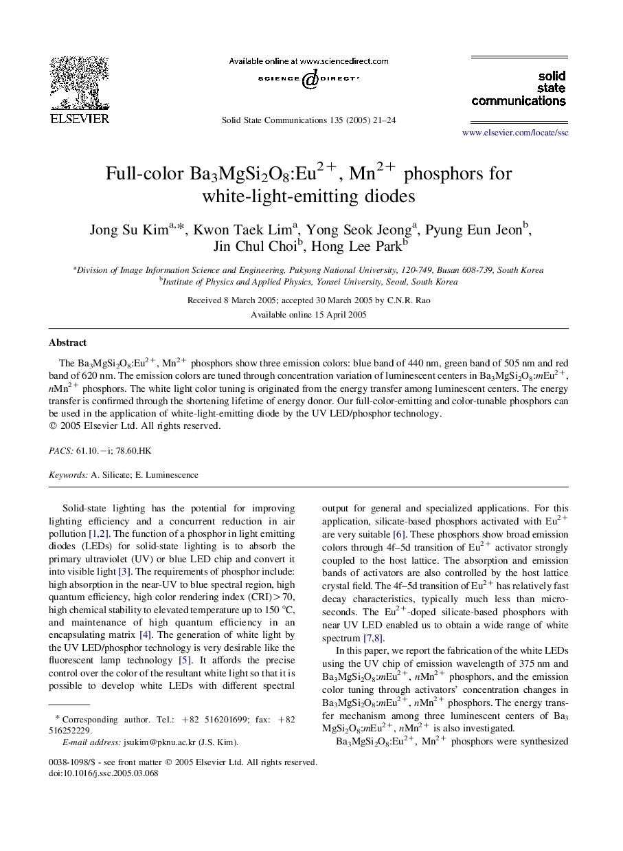 Full-color Ba3MgSi2O8:Eu2+, Mn2+ phosphors for white-light-emitting diodes