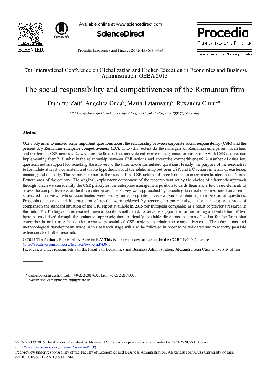 The Social Responsibility and Competitiveness of the Romanian Firm 