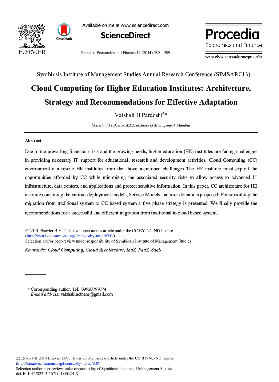 Cloud Computing for Higher Education Institutes: Architecture, Strategy and Recommendations for Effective Adaptation 