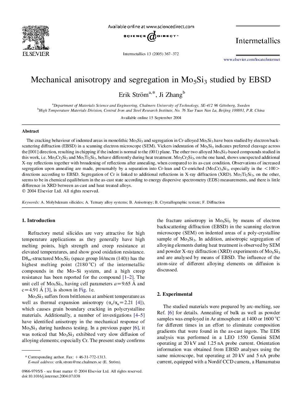 Mechanical anisotropy and segregation in Mo5Si3 studied by EBSD