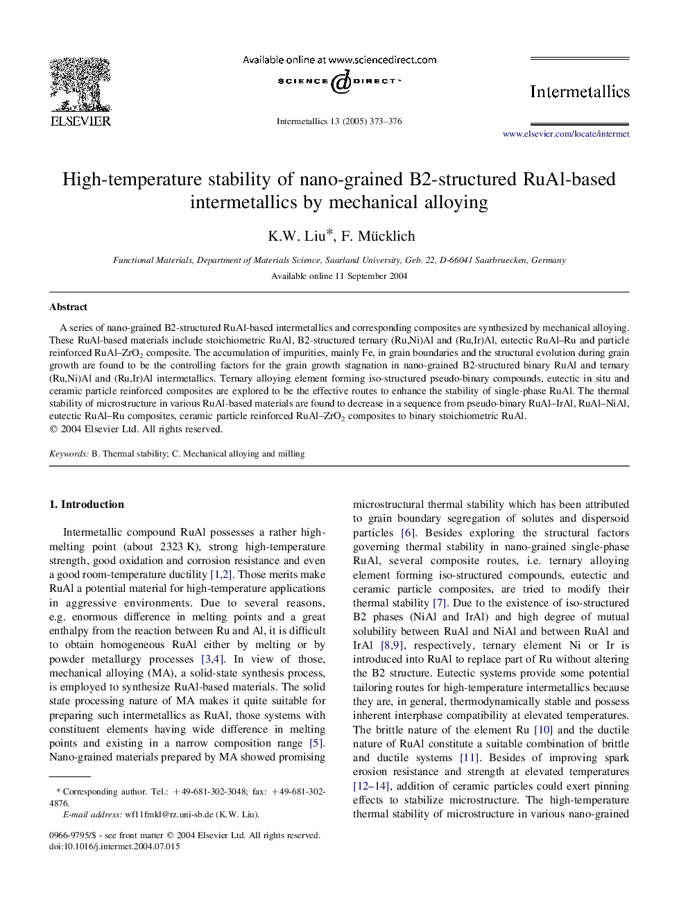 High-temperature stability of nano-grained B2-structured RuAl-based intermetallics by mechanical alloying