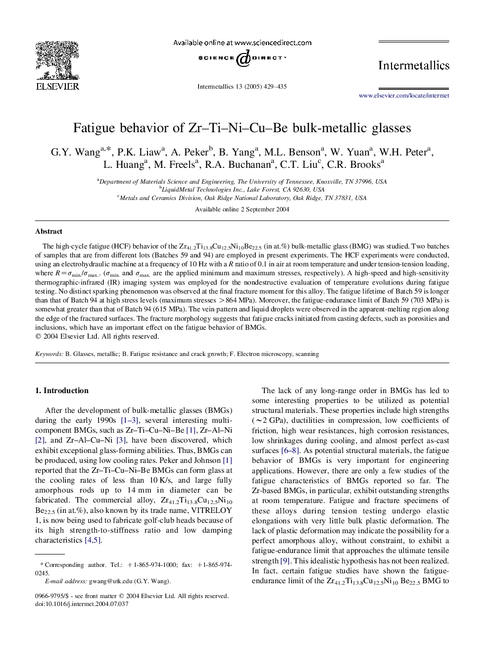 Fatigue behavior of Zr-Ti-Ni-Cu-Be bulk-metallic glasses