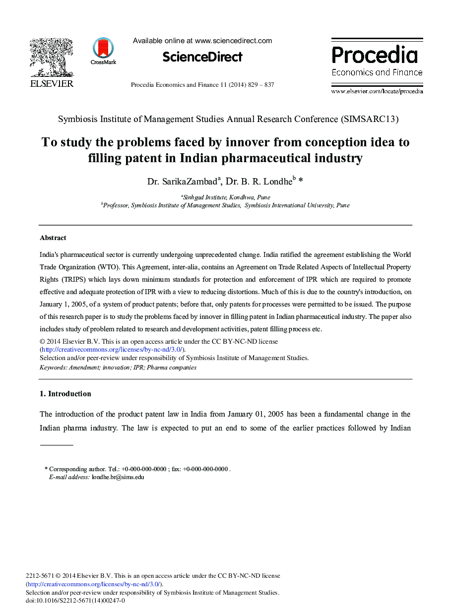 To Study the Problems Faced by Innover from Conception Idea to Filling Patent in Indian Pharmaceutical Industry 